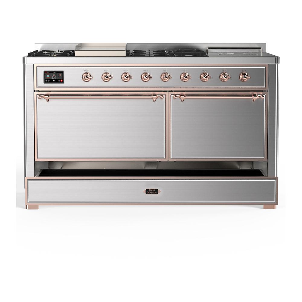 ILVE UM60FSQNR3SSP Majestic III 60 inch Dual Fuel Range with 7 Burners, Griddle and French Top, Dual Function Burner with up to 25,000 BTU (Natural Gas, Solid Door, Stainless Steel, Copper)