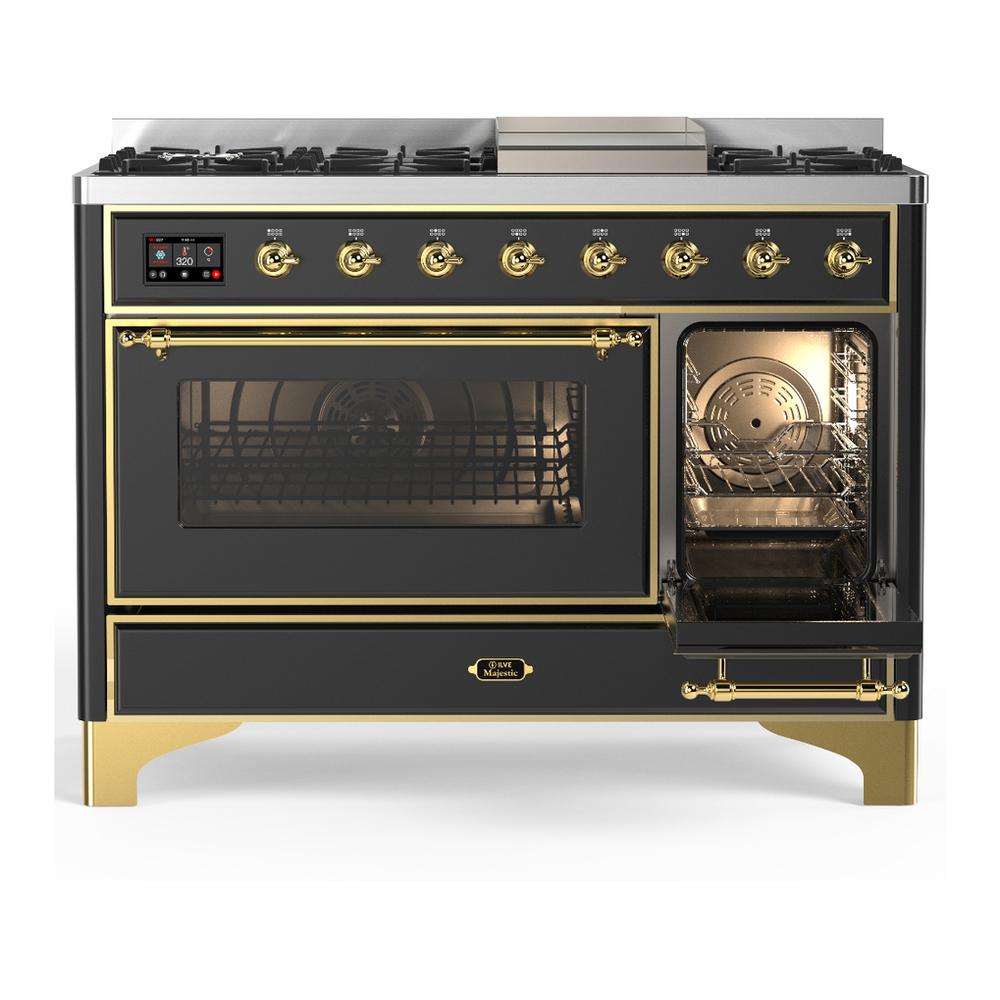 ILVE UM48FNR3MGG Majestic III 48 inch Dual Fuel Range with 8 Burners and Griddle, Dual Function Burner up to 25,000 BTU (Natural Gas, Triple Glass Door, Graphite Matte, Brass)