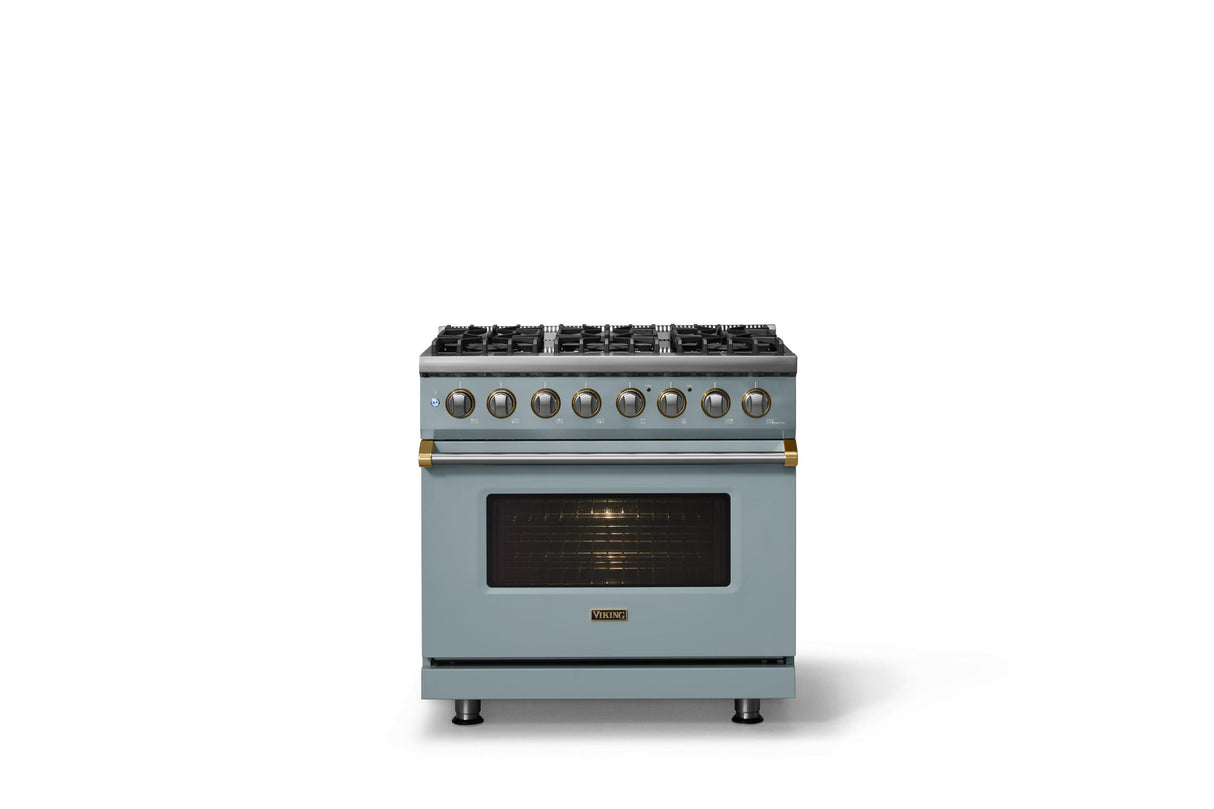 36"W. Dual Fuel Range (Burner: 6b, Finish: November Sky, Trim: Brushed Brass, Fuel: Propane)