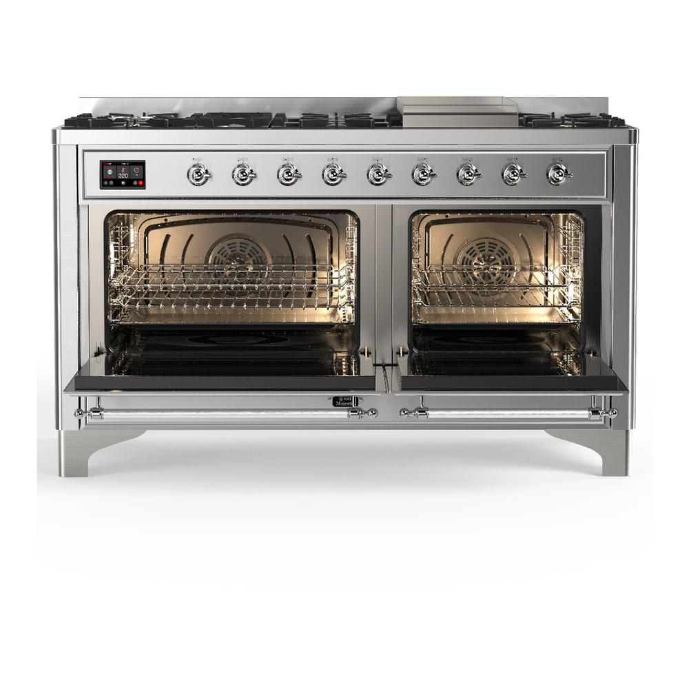 ILVE UM60FQNR3SSC Majestic III 60 inch Dual Fuel Range with 9 Burners and Griddle, Dual Function Burner up to 25,000 BTU (Natural Gas, Solid Door, Stainless Steel, Chrome)
