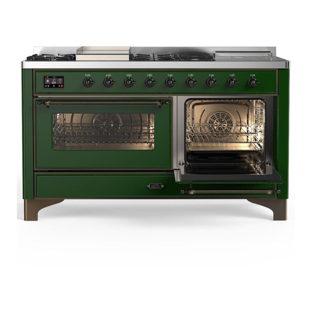 ILVE UM60FSNR3EGBLP Majestic III 60 inch Dual Fuel Range with 7 Burners, Griddle and French Top, Dual Function Burner with up to 25,000 BTU (Liquid Propane, Triple Glass Door, Emerald Green, Burnished)