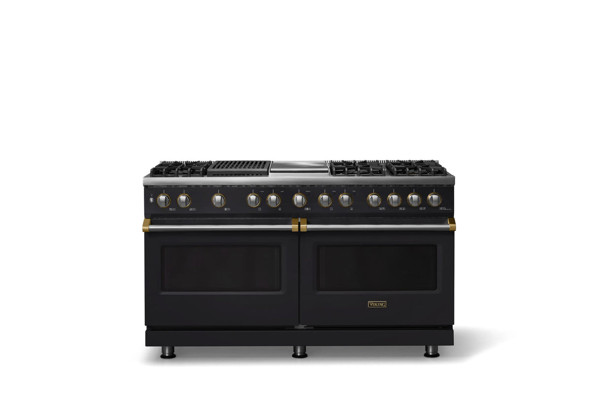 60"W.Dual Fuel Range (Finish: Onyx, Trim: Brushed Brass, Fuel: Natural Gas)
