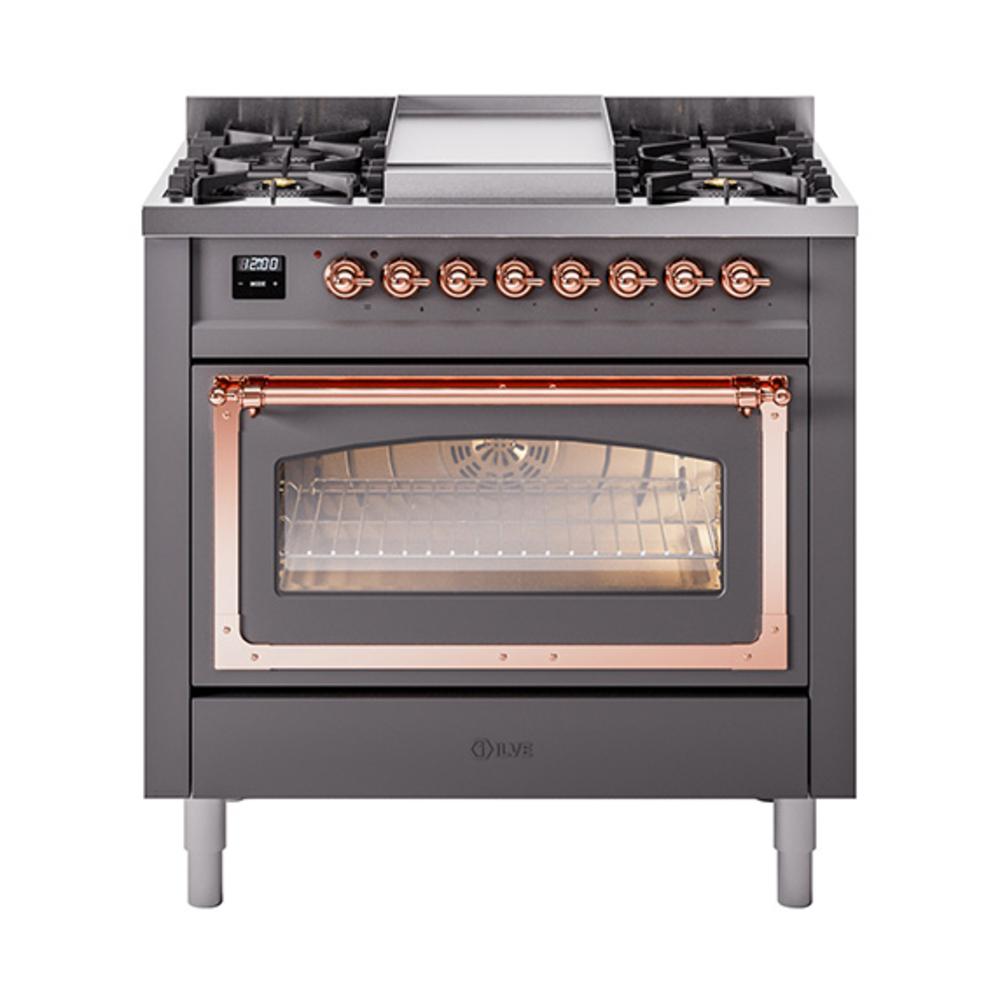 ILVE UN36FNMPMGPLP Nostalgie II Noblesse 36 inch Dual Fuel Range (Liquid Propane, Triple Glass Door, Graphite Matte, Copper)
