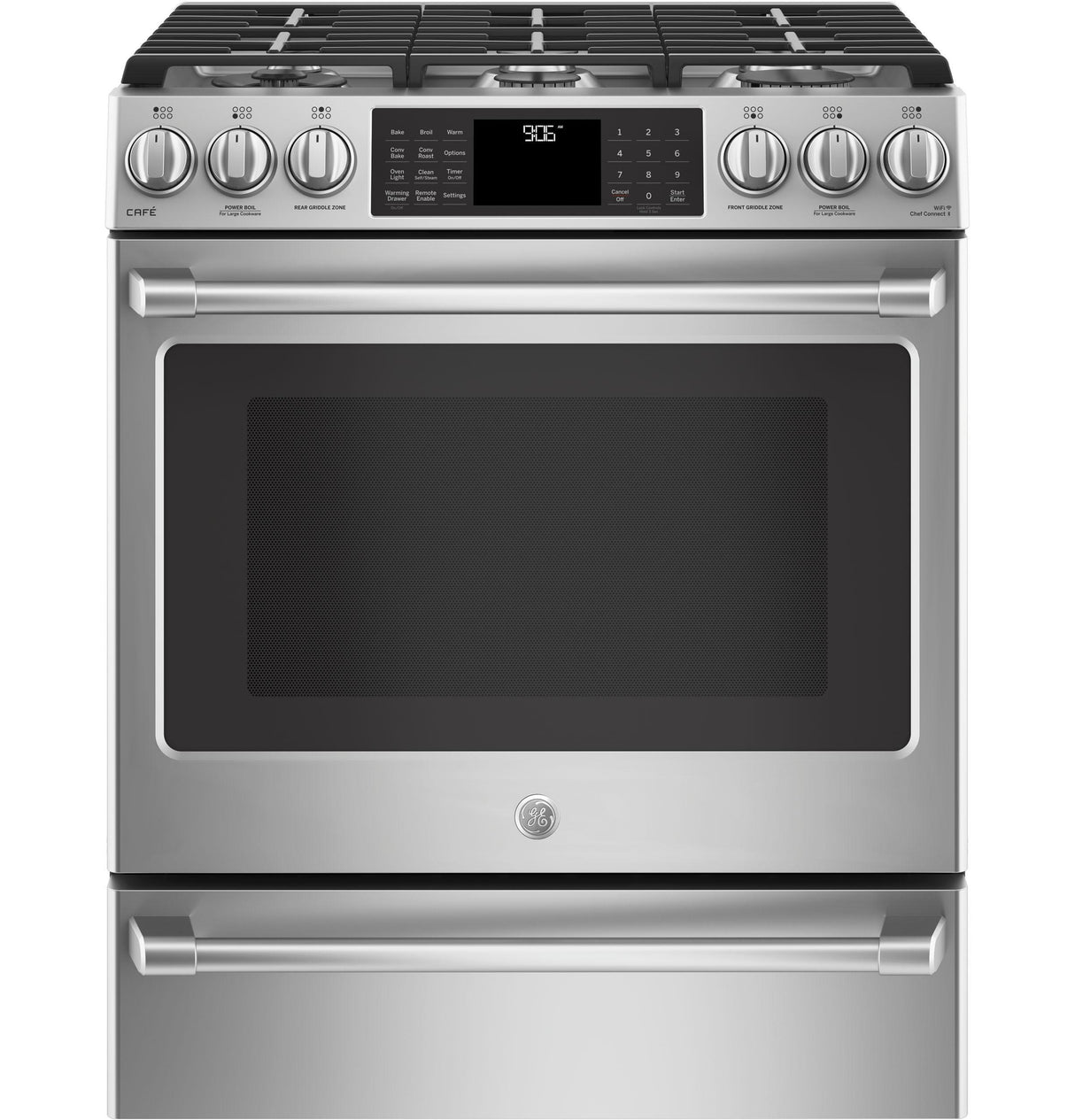 GE Cafe™ Series 30" Slide-In Front Control Range with Warming Drawer