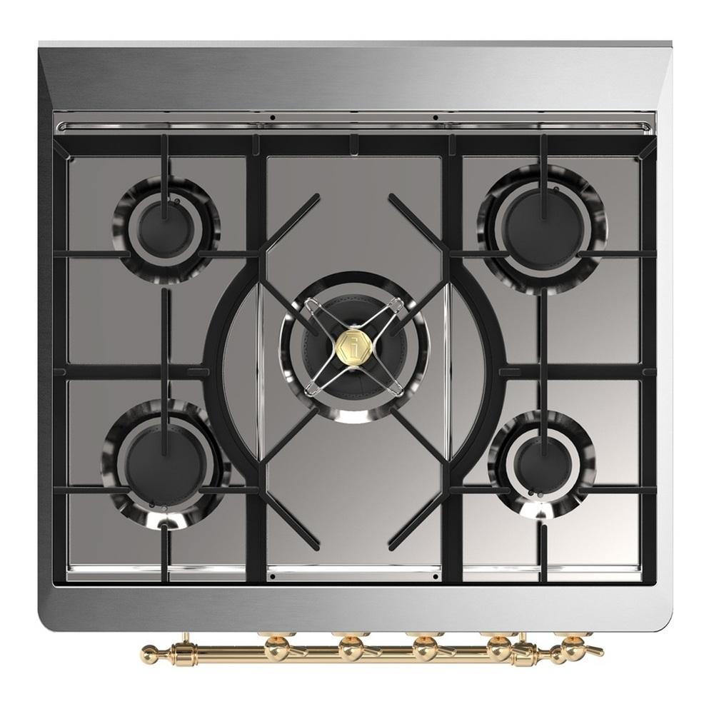 ILVE UM30QNR3BGG Majestic III 30 inch Dual Fuel Range with 5 Black Brass Burners, Dual Function Burner up to 25,000 BTU (Natural Gas, Solid Door, Blue Grey, Brass)