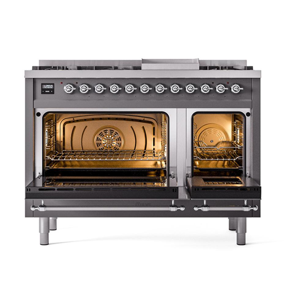 ILVE UN48FQNMPMGCLP Nostalgie II Noblesse 48 inch Dual Fuel Range (8 Sealed Burners + Griddle, Liquid Propane, Solid Door, Graphite Matte, Chrome)