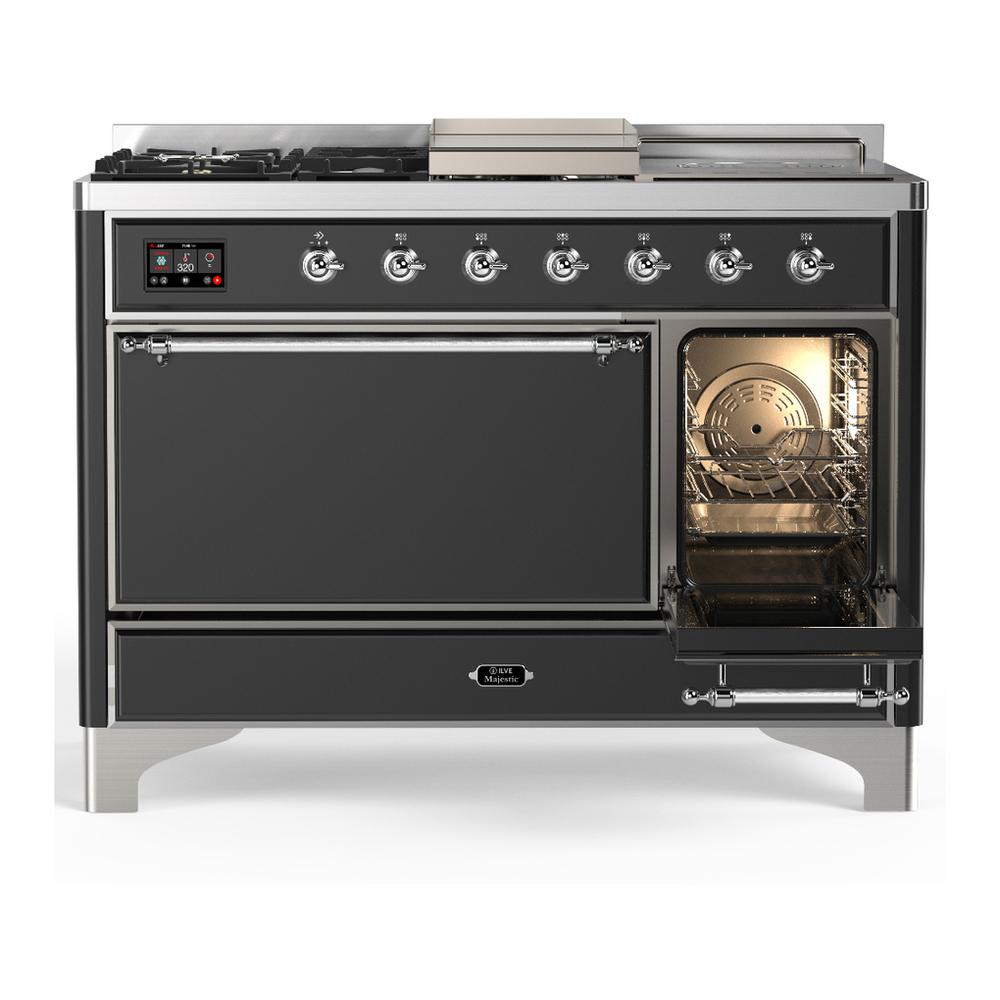 ILVE UM48FSQNR3MGC Majestic III 48 inch Dual Fuel Range with 5 Black Brass Burners, Griddle and French Top, Dual Function Burner up to 25,000 BTU (Natural Gas, Solid Door, Graphite Matte, Chrome)