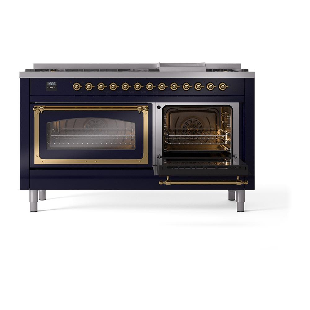 ILVE UN60FNMPMBG Nostalgie II Noblesse 60 inch Dual Fuel Range (9 Sealed Burners + Griddle, Natural Gas, Triple Glass Door, Midnight Blue, Brass)