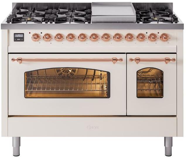 Nostalgie II 48 Inch Dual Fuel Natural Gas Freestanding Range in Antique White with Copper Trim