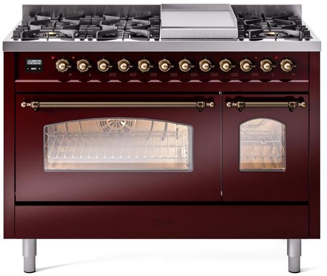 Nostalgie II 48 Inch Dual Fuel Natural Gas Freestanding Range in Burgundy with Bronze Trim