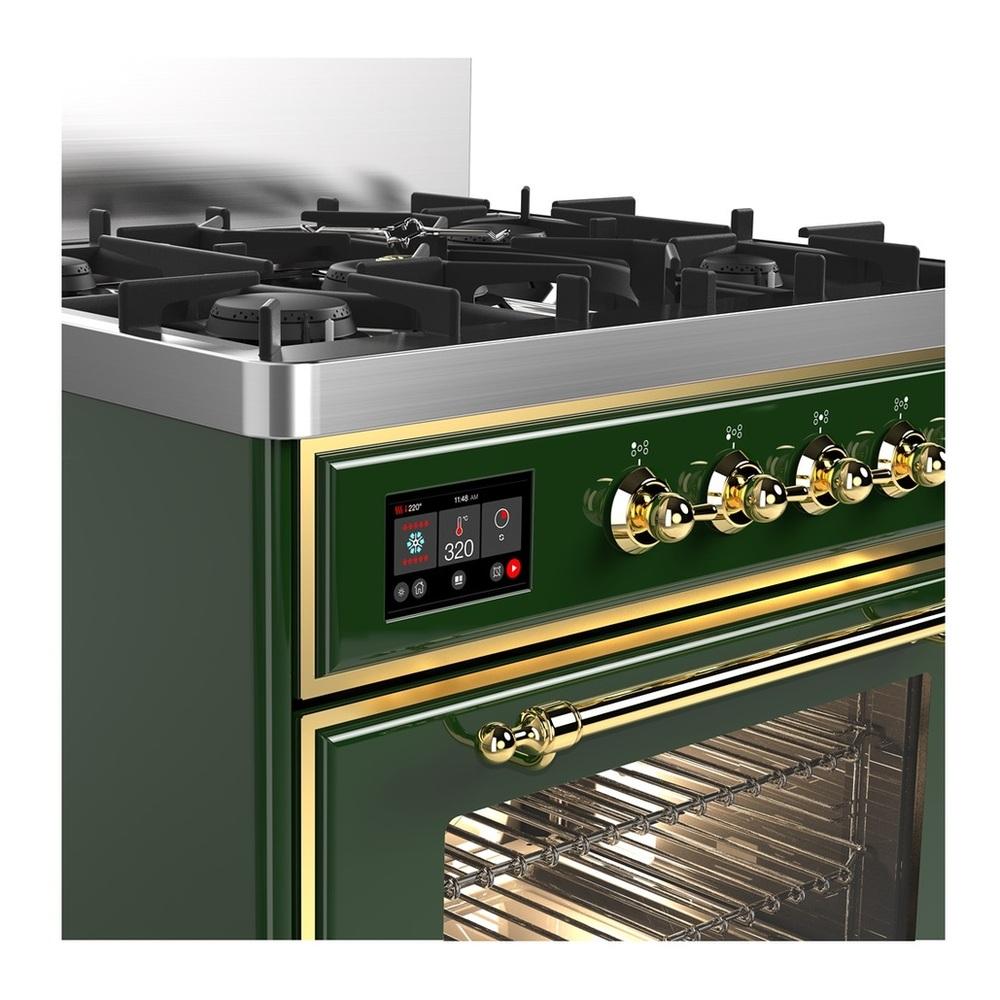 ILVE UM30NR3EGG Majestic III 30 inch Dual Fuel Range with 5 Black Brass Burners, Dual Function Burner up to 25,000 BTU (Natural Gas, Triple Glass Door, Emerald Green, Brass)
