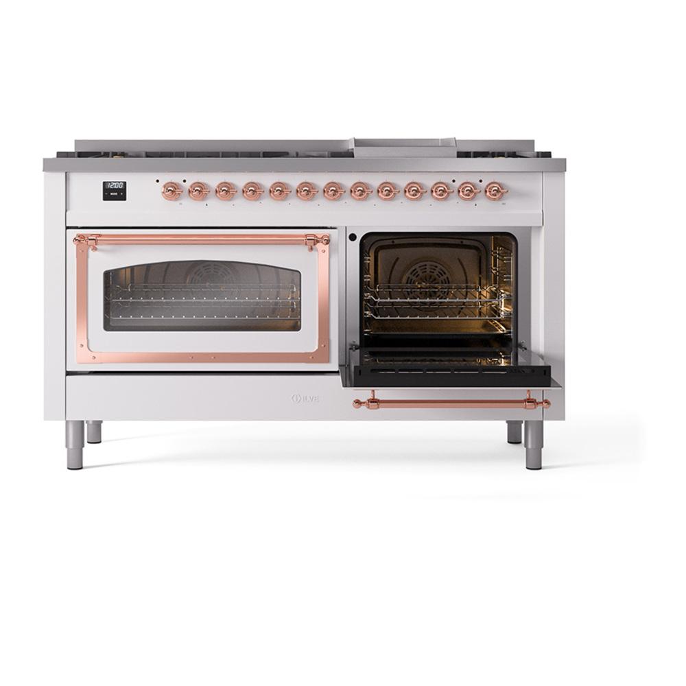 ILVE UN60FNMPWHPLP Nostalgie II Noblesse 60 inch Dual Fuel Range (9 Sealed Burners + Griddle, Liquid Propane, Triple Glass Door, White, Copper)