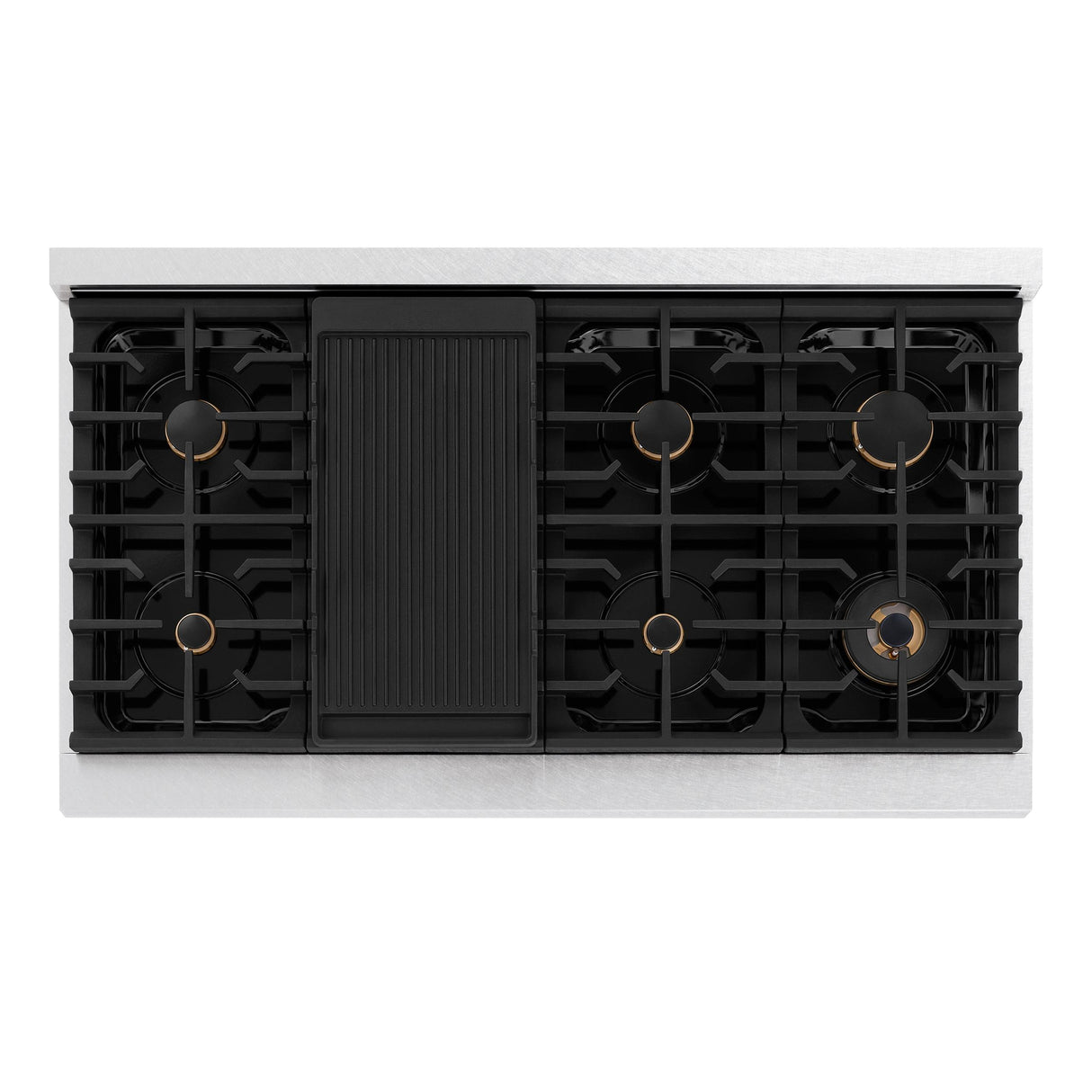 ZLINE 48 in. Autograph Edition Paramount Gas Rangetop with 8 Burners and Porcelain Cooktop in DuraSnow' Stainless Steel with Polished Gold Accents (SRTSZ-48-G)