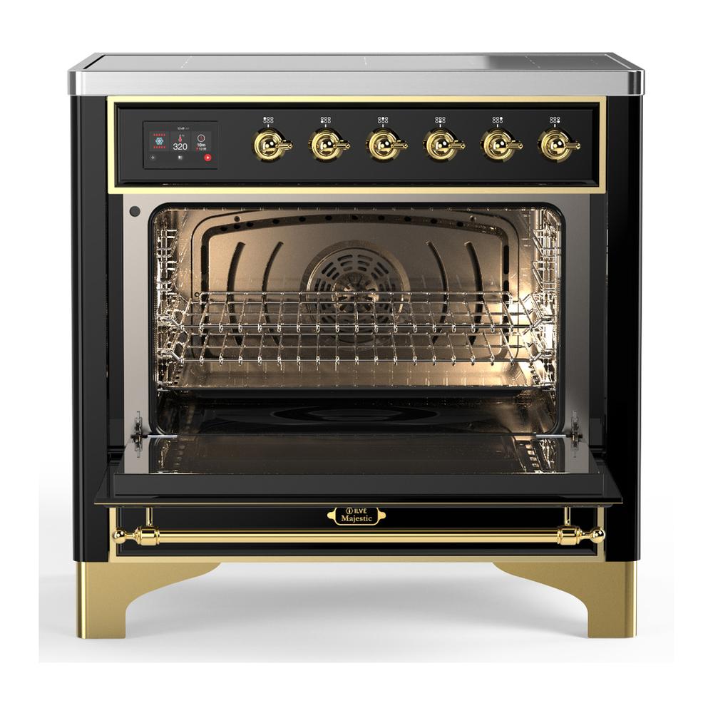 ILVE UMIB36NR3BKG Majestic III 36 inch Induction Range with 6 Elements, 3.5 cu. ft. Total Oven Capacity (Triple Glass Door, Glossy Black, Brass)