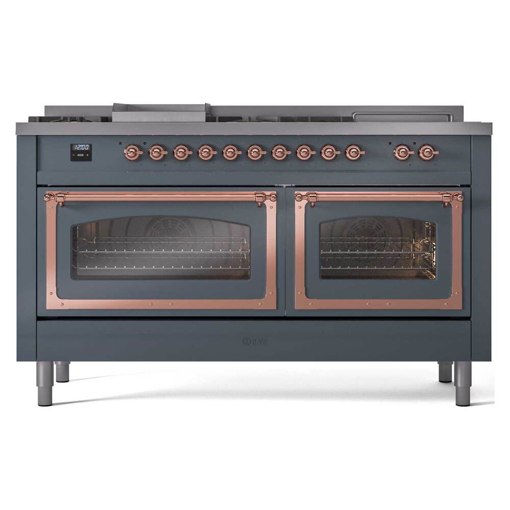 ILVE UN60FSNMPBGPLP Nostalgie II Noblesse 60 inch Dual Fuel Range (7 Sealed Burners + Griddle + French Top, Liquid Propane, Triple Glass Door, Blue Grey, Copper)