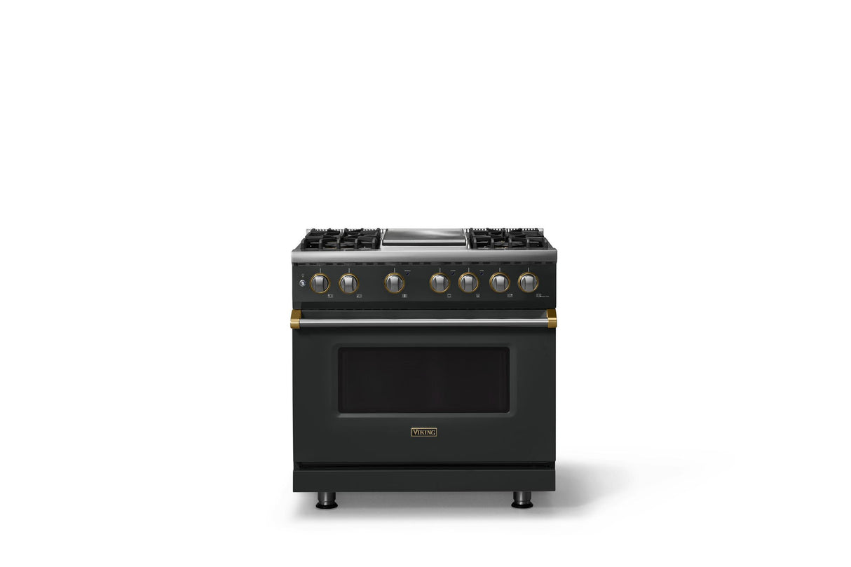 36"W. Dual Fuel Range (Burner: 4g, Finish: Antique Bronze, Trim: Brushed Brass, Fuel: Natural Gas)