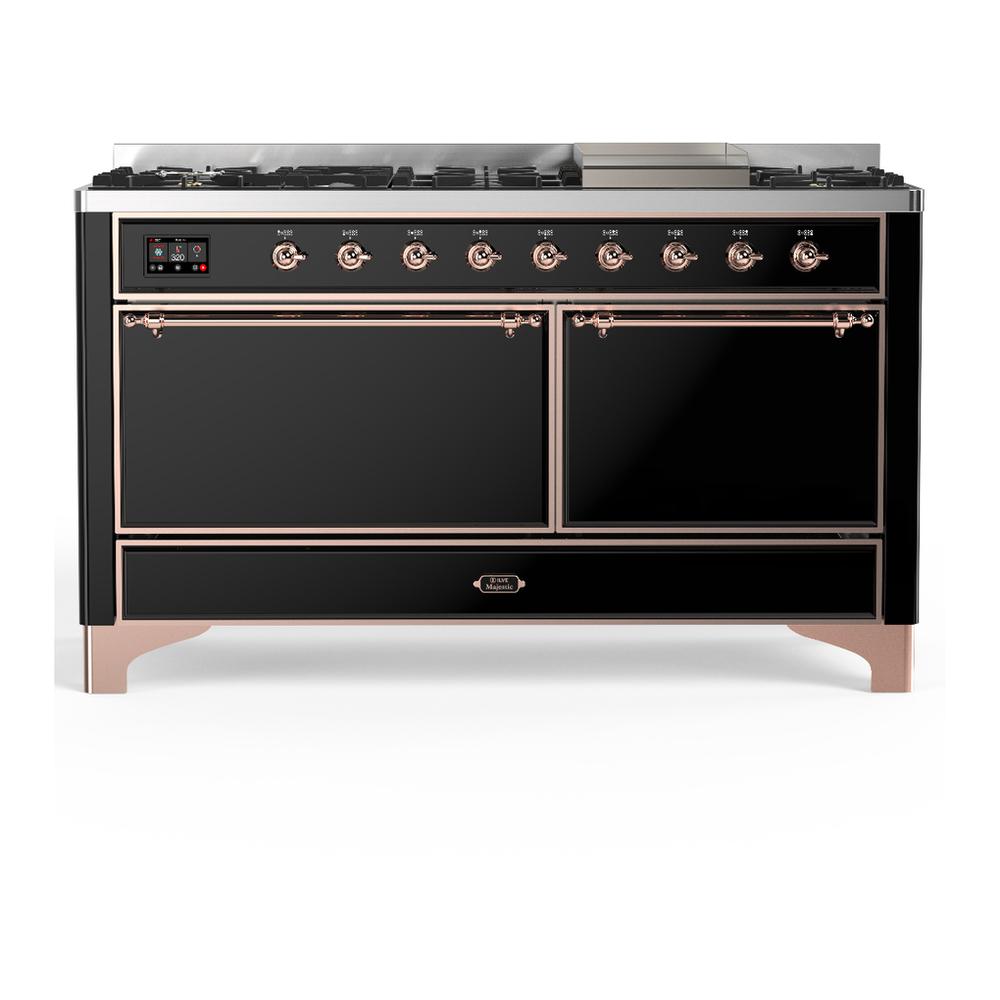 ILVE UM60FQNR3BKP Majestic III 60 inch Dual Fuel Range with 9 Burners and Griddle, Dual Function Burner up to 25,000 BTU (Natural Gas, Solid Door, Glossy Black, Copper)