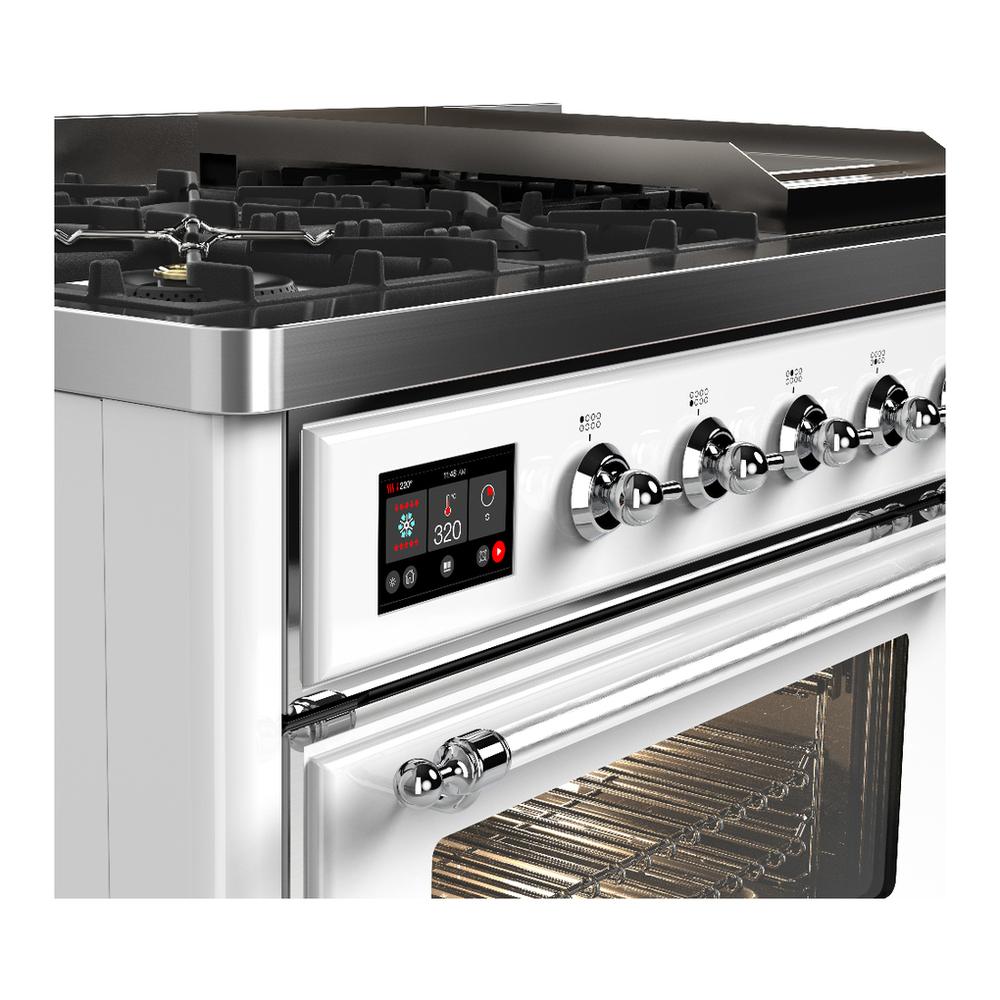 ILVE UM48FNR3WHC Majestic III 48 inch Dual Fuel Range with 8 Burners and Griddle, Dual Function Burner up to 25,000 BTU (Natural Gas, Triple Glass Door, White, Chrome)