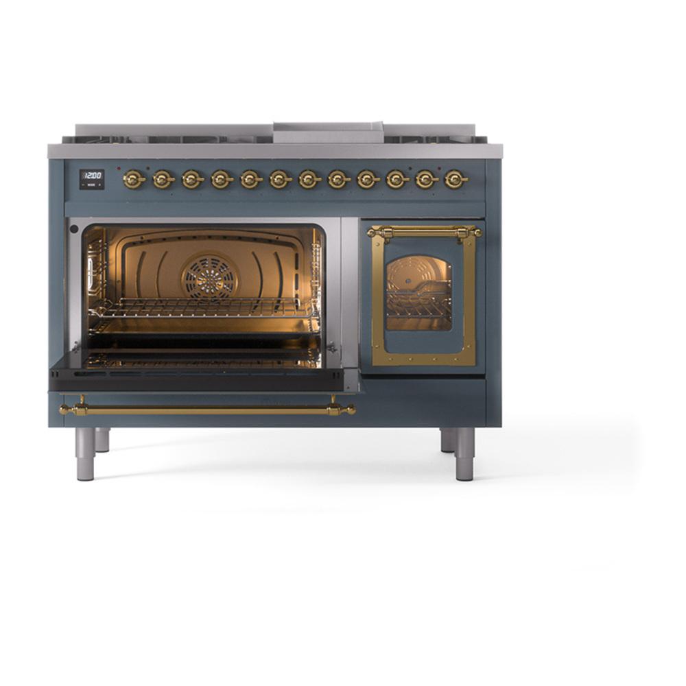 ILVE UN48FNMPBGGLP Nostalgie II Noblesse 48 inch Dual Fuel Range (8 Sealed Burners + Griddle, Liquid Propane, Triple Glass Door, Blue Grey, Brass)