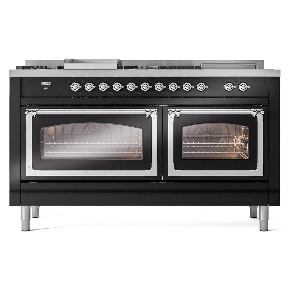 ILVE UN60FSNMPBKC Nostalgie II Noblesse 60 inch Dual Fuel Range (7 Sealed Burners + Griddle + French Top, Natural Gas, Triple Glass Door, Glossy Black, Chrome)