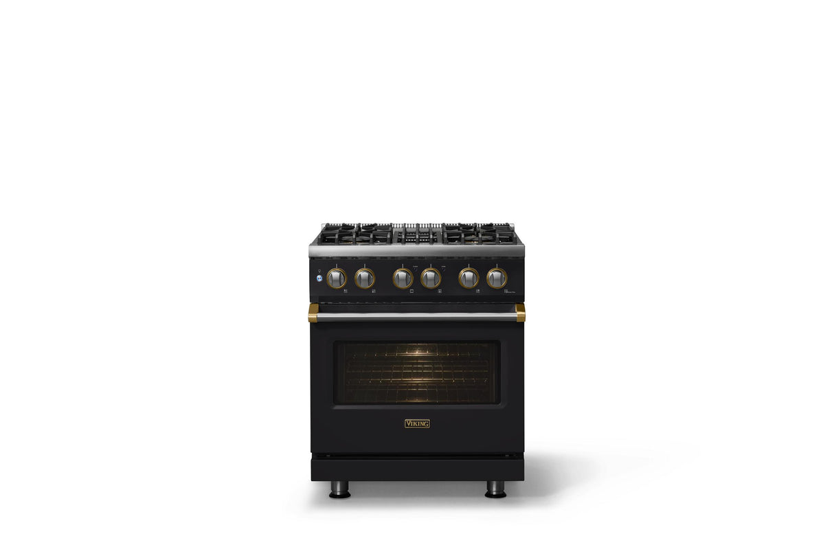 30"W. Dual Fuel Range (Finish: Onyx, Trim: Brushed Brass, Fuel: Natural Gas)