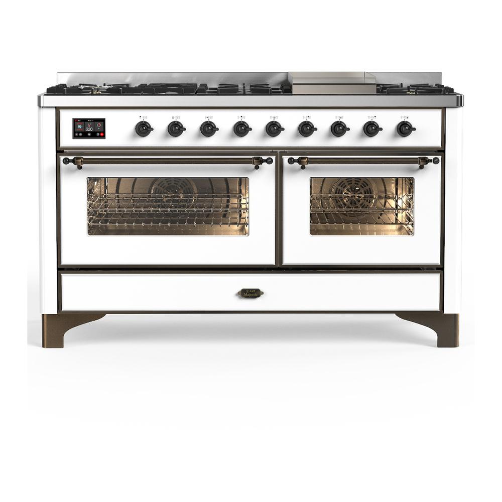 ILVE UM60FNR3WHB Majestic III 60 inch Dual Fuel Range with 9 Burners and Griddle, Dual Function Burner up to 25,000 BTU (Natural Gas, Triple Glass Door, White, Burnished)