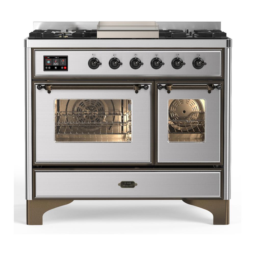 ILVE UMD40FNR3SSBLP Majestic III 40 inch Dual Fuel Range with 6 Burners and Griddle, Dual Function Burner up to 25,000 BTU (Liquid Propane, Triple Glass Door, Stainless Steel, Burnished)