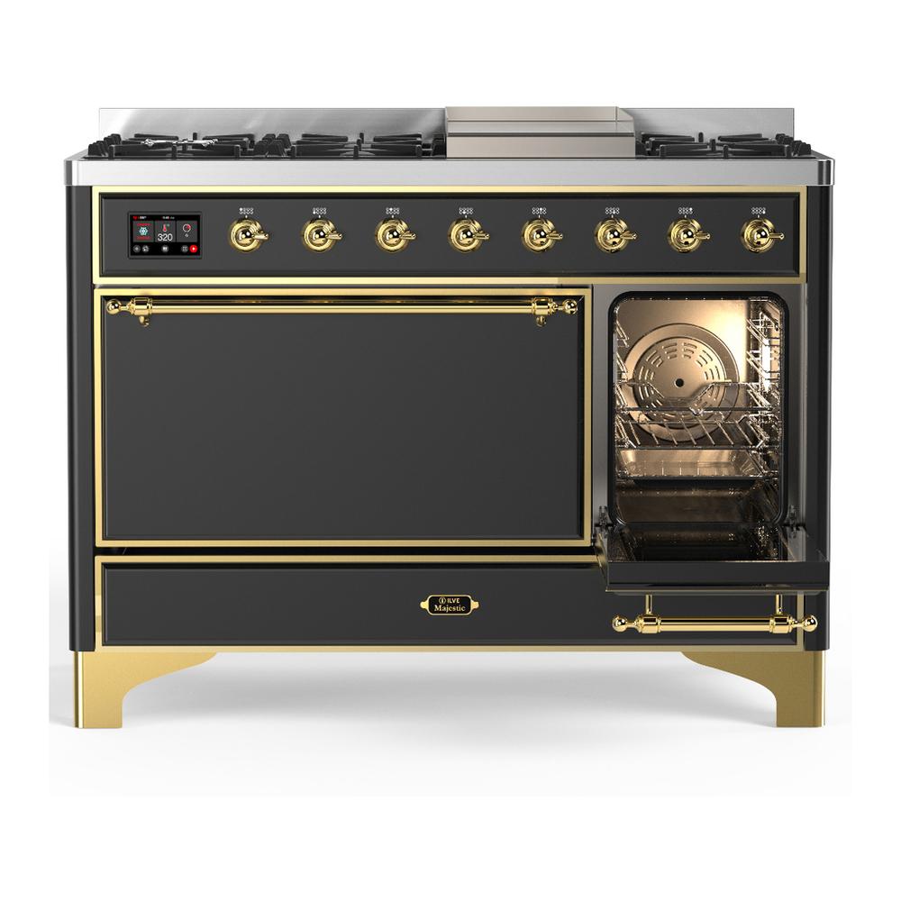 ILVE UM48FQNR3MGGLP Majestic III 48 inch Dual Fuel Range with 8 Burners and Griddle, Dual Function Burner up to 25,000 BTU (Liquid Propane, Solid Door, Graphite Matte, Brass)
