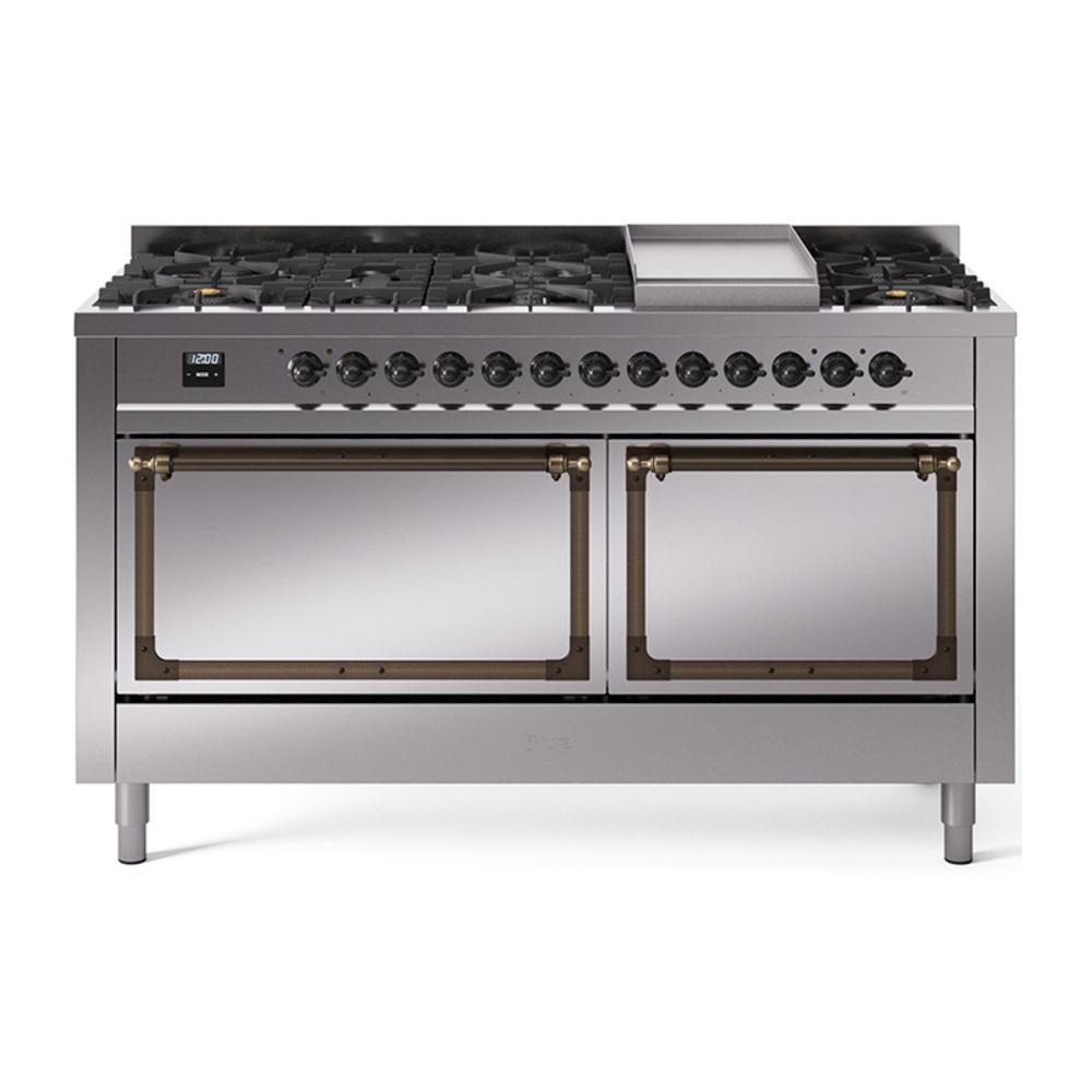 ILVE UN60FQNMPSSB Nostalgie II Noblesse 60 inch Dual Fuel Range (9 Sealed Burners + Griddle, Natural Gas, Solid Door, Stainless Steel, Burnished)