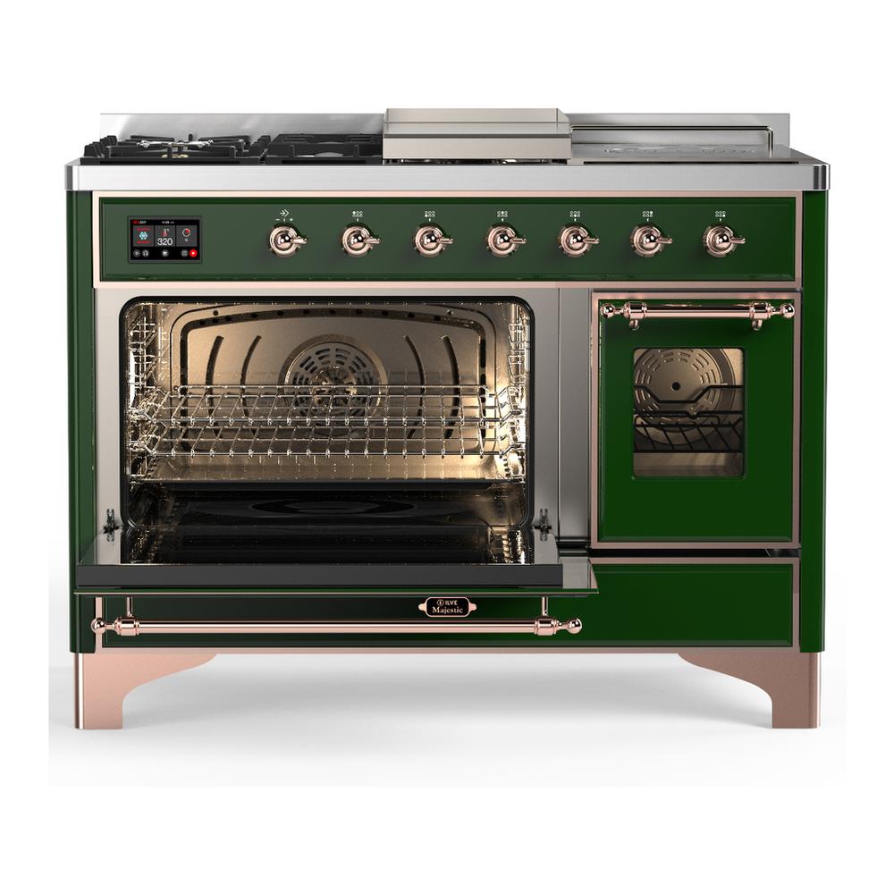 ILVE UM48FSNR3EGPLP Majestic III 48 inch Dual Fuel Range with 5 Black Brass Burners, Griddle and French Top, Dual Function Burner up to 25,000 BTU (Liquid Propane, Triple Glass Door, Emerald Green, Copper)