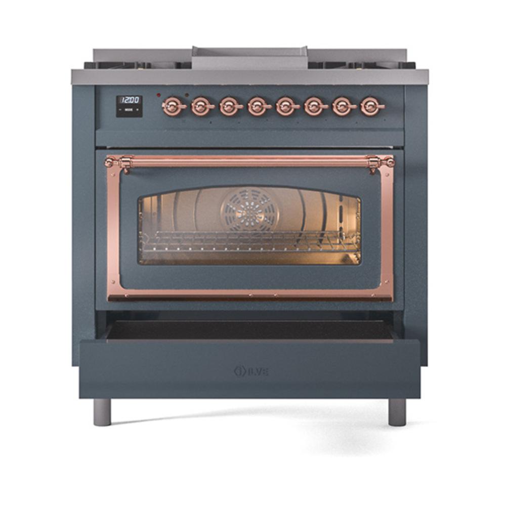 ILVE UN36FNMPBGP Nostalgie II Noblesse 36 inch Dual Fuel Range (Natural Gas, Triple Glass Door, Blue Grey, Copper)