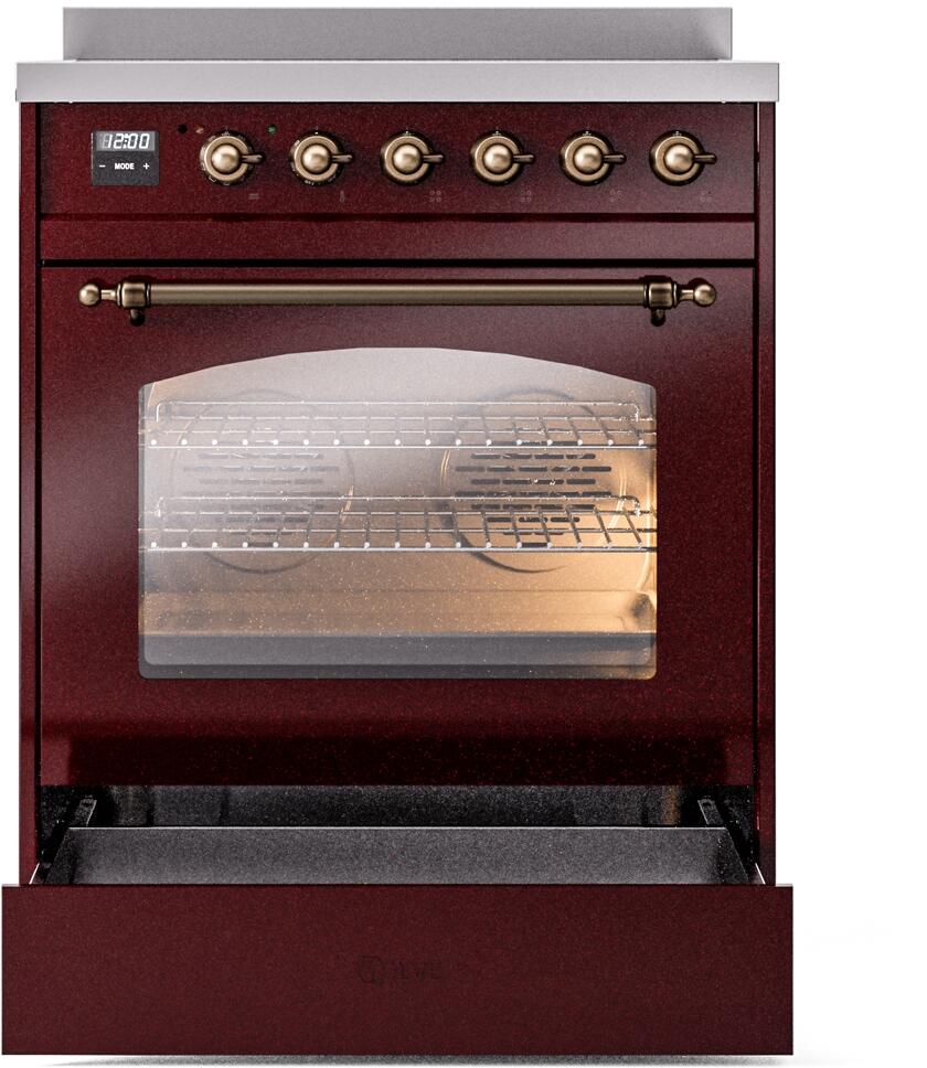 Nostalgie II 30 Inch Electric Freestanding Range in Burgundy with Bronze Trim