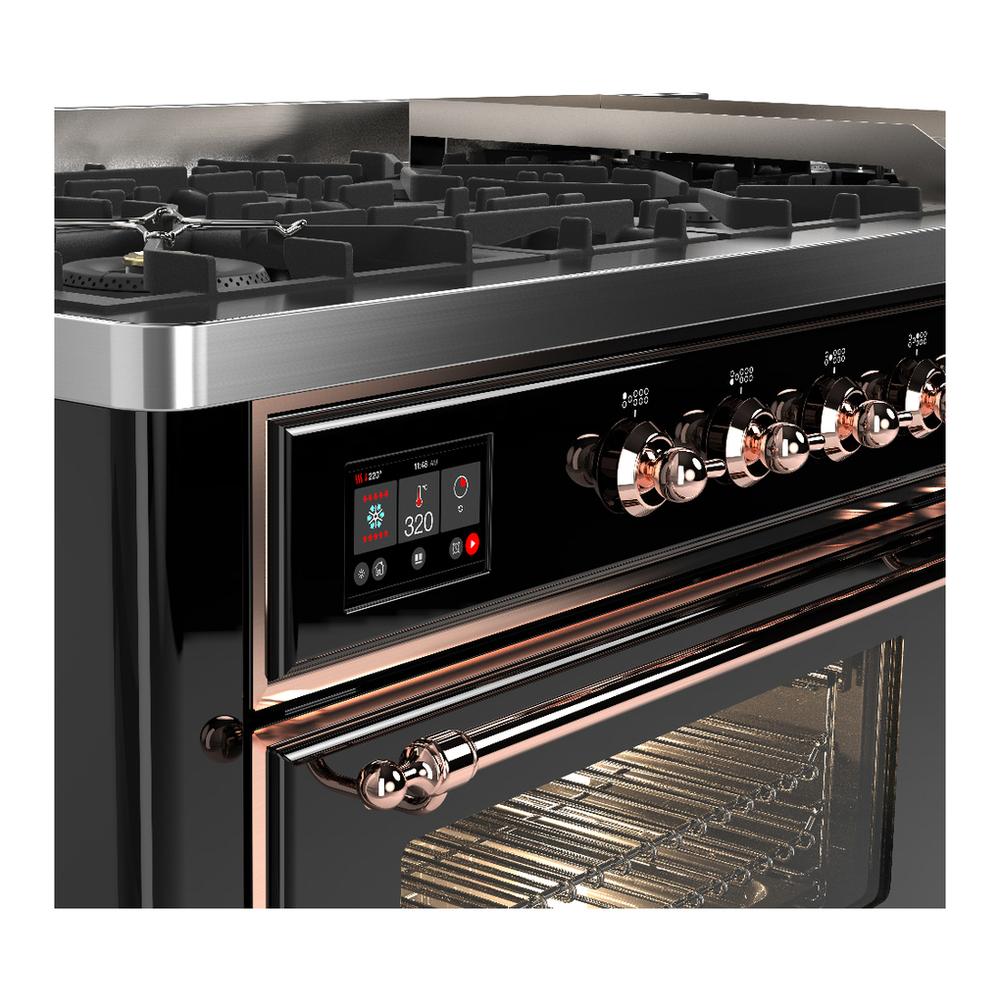 ILVE UM60FNR3BKPLP Majestic III 60 inch Dual Fuel Range with 9 Burners and Griddle, Dual Function Burner up to 25,000 BTU (Liquid Propane, Triple Glass Door, Glossy Black, Copper)