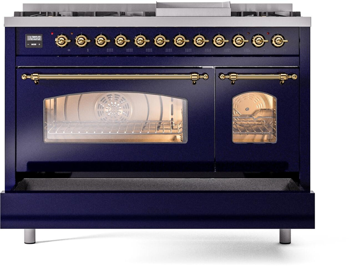 Nostalgie II 48 Inch Dual Fuel Natural Gas Freestanding Range in Blue with Brass Trim