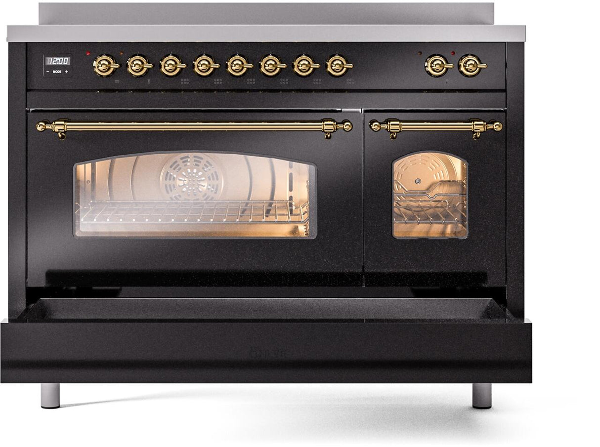 Nostalgie II 48 Inch Electric Freestanding Range in Glossy Black with Brass Trim