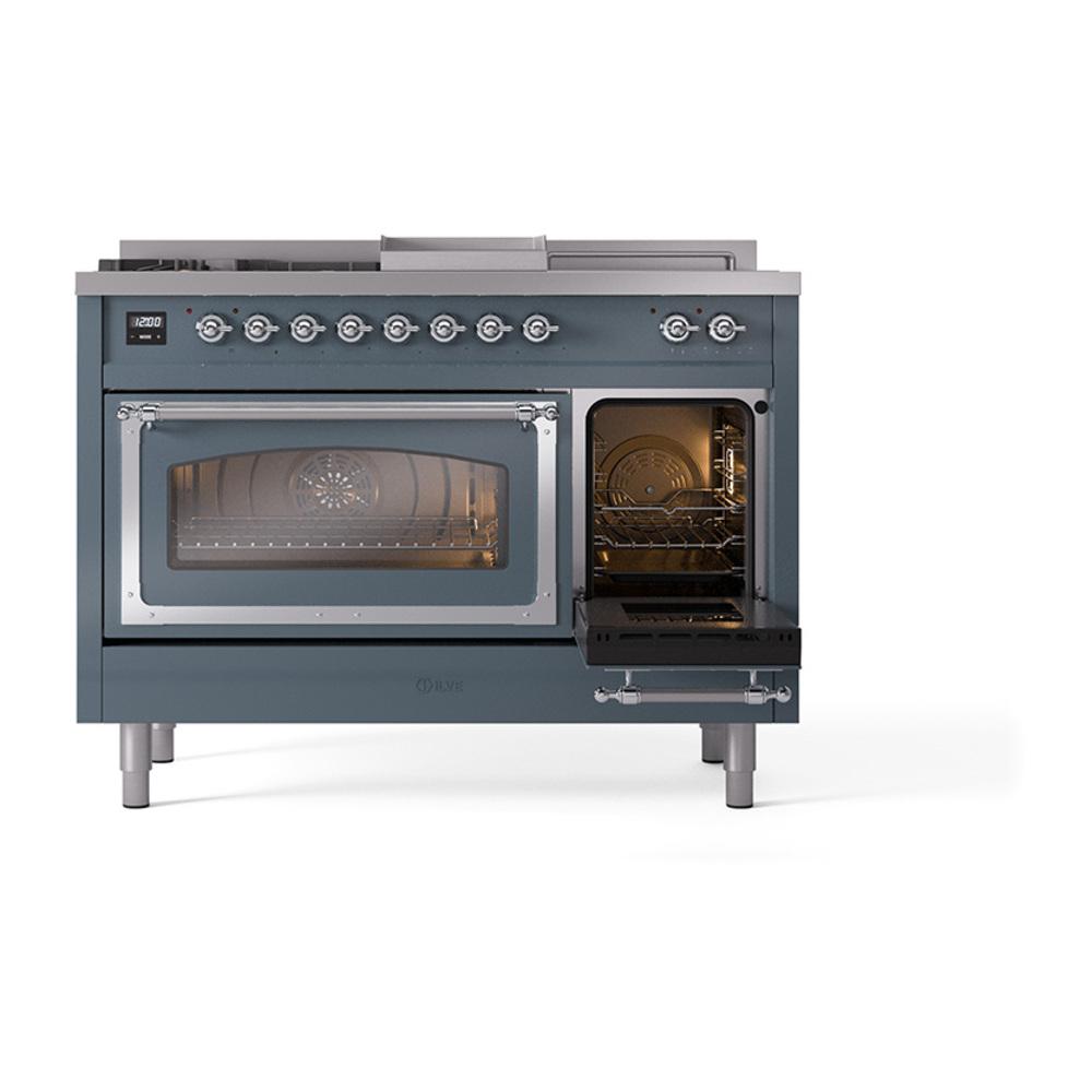 ILVE UN48FSNMPBGCLP Nostalgie II Noblesse 48 inch Dual Fuel Range (5 Sealed Burners + Griddle + French Top, Liquid Propane, Triple Glass Door, Blue Grey, Chrome)
