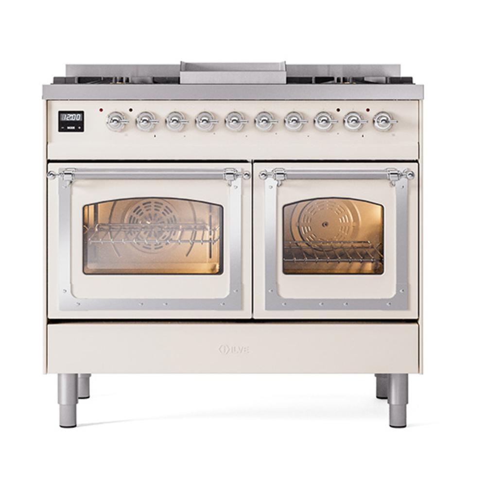 ILVE UND40FNMPAWCLP Nostalgie II Noblesse 40 inch Dual Fuel Range (Liquid Propane, Triple Glass Door, Antique White, Chrome)