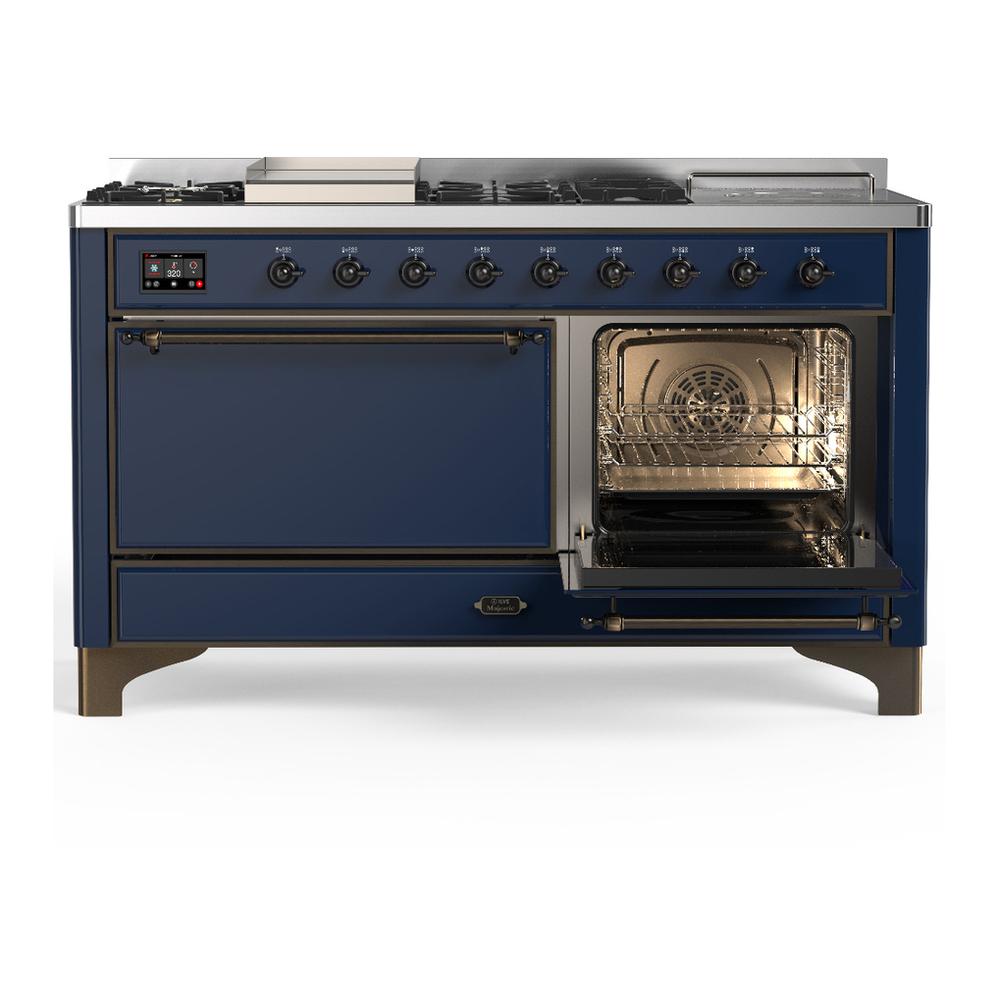 ILVE UM60FSQNR3MBB Majestic III 60 inch Dual Fuel Range with 7 Burners, Griddle and French Top, Dual Function Burner with up to 25,000 BTU (Natural Gas, Solid Door, Midnight Blue, Burnished)