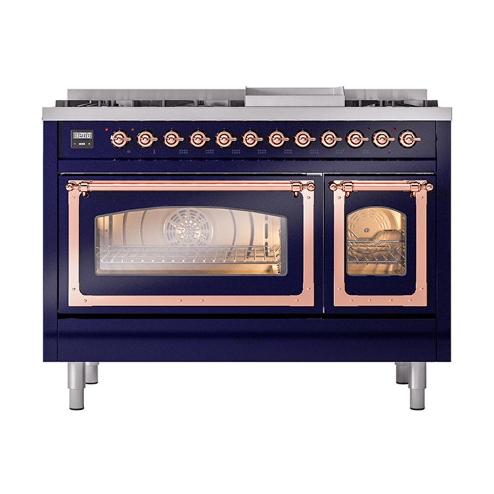 ILVE UN48FNMPMBP Nostalgie II Noblesse 48 inch Dual Fuel Range (8 Sealed Burners + Griddle, Natural Gas, Triple Glass Door, Midnight Blue, Copper)
