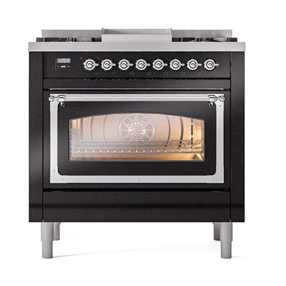ILVE UN36FNMPBKCLP Nostalgie II Noblesse 36 inch Dual Fuel Range (Liquid Propane, Triple Glass Door, Glossy Black, Chrome)