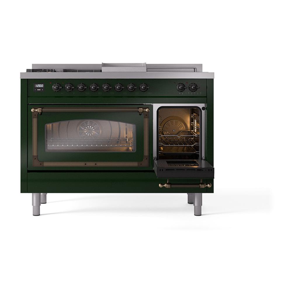 ILVE UN48FSNMPEGBLP Nostalgie II Noblesse 48 inch Dual Fuel Range (5 Sealed Burners + Griddle + French Top, Liquid Propane, Triple Glass Door, Emerald Green, Burnished)