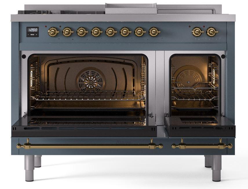 Nostalgie II 48 Inch Dual Fuel Natural Gas Freestanding Range in Blue Grey with Brass Trim