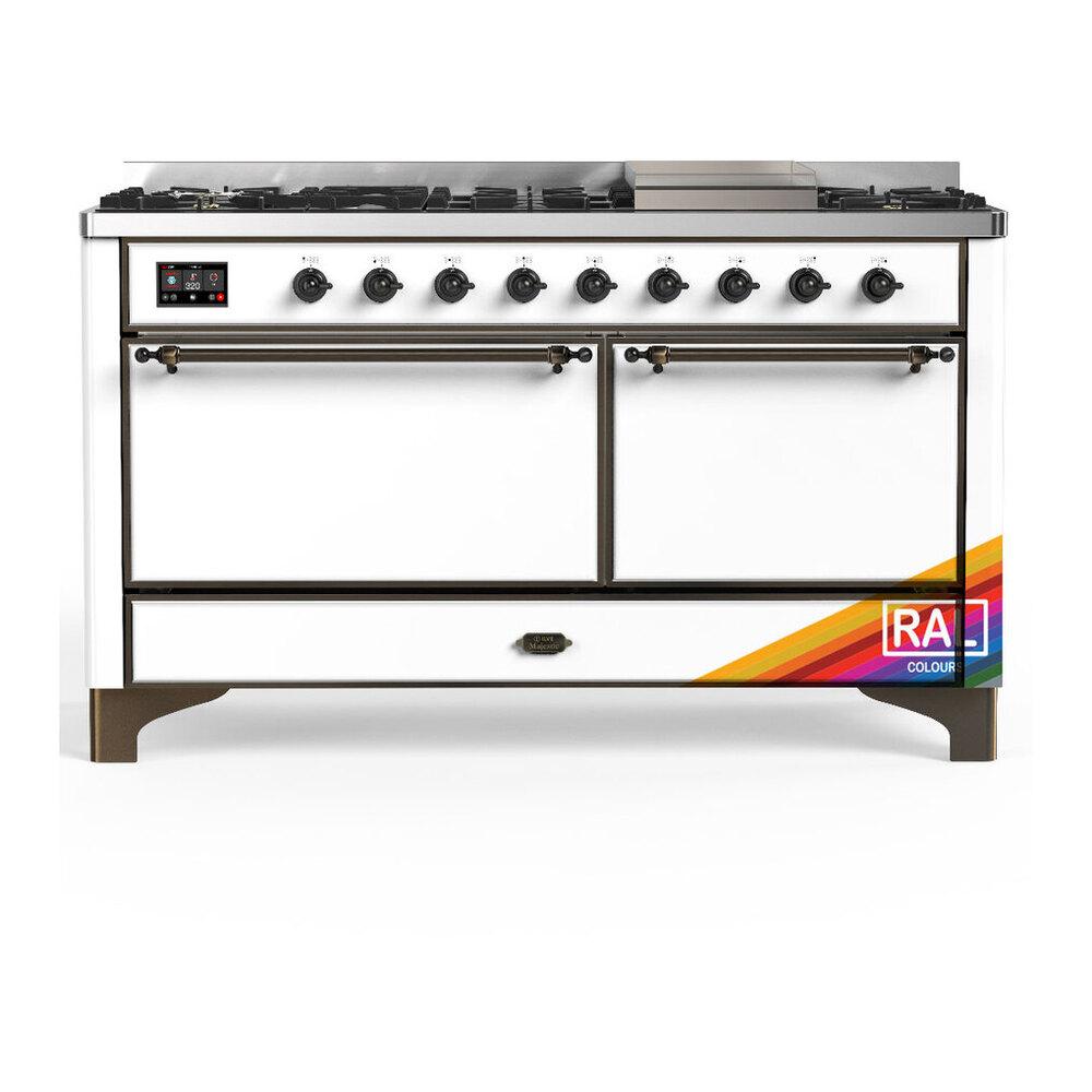 ILVE UM60FQNR3RAB Majestic III 60 inch Dual Fuel Range with 9 Burners and Griddle, Dual Function Burner up to 25,000 BTU (Natural Gas, Solid Door, RAL, Burnished)