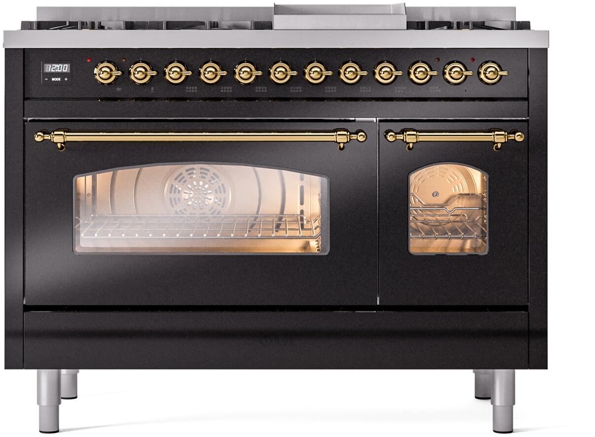 Nostalgie II 48 Inch Dual Fuel Liquid Propane Freestanding Range in Glossy Black with Brass Trim