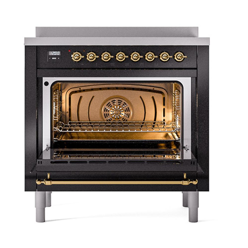 ILVE UNI366QNMPBKG Nostalgie II Noblesse 36 inch Induction Range (Solid Door, Glossy Black, Brass)