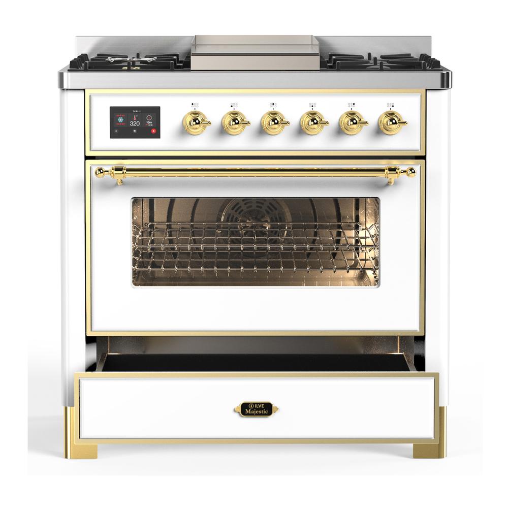 ILVE UM36FNR3WHGLP Majestic III 36 inch Dual Fuel Range with 6 Black Brass Burners and Griddle, Dual Function Burner up to 25,000 BTU (Triple Glass Door, White, Brass, Liquid Propane)