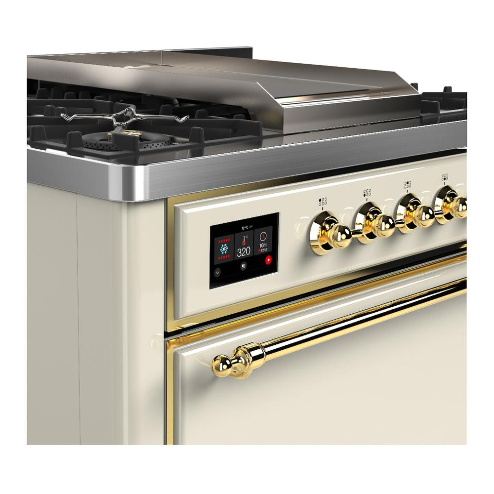 ILVE UM36FQNR3AWG Majestic III 36 inch Dual Fuel Range with 6 Black Brass Burners and Griddle, Dual Function Burner up to 25,000 BTU (Solid Door, Antique White, Brass, Natural Gas)