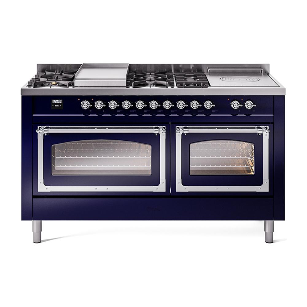 ILVE UN60FSNMPMBCLP Nostalgie II Noblesse 60 inch Dual Fuel Range (7 Sealed Burners + Griddle + French Top, Liquid Propane, Triple Glass Door, Midnight Blue, Chrome)