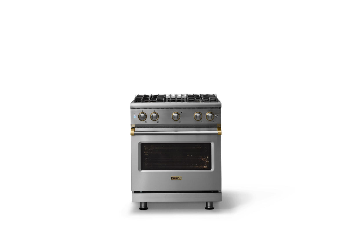 30"W. Sealed Burner Gas Range (Finish: Stainless Steel, Trim: Brushed Brass, Fuel: Natural Gas)