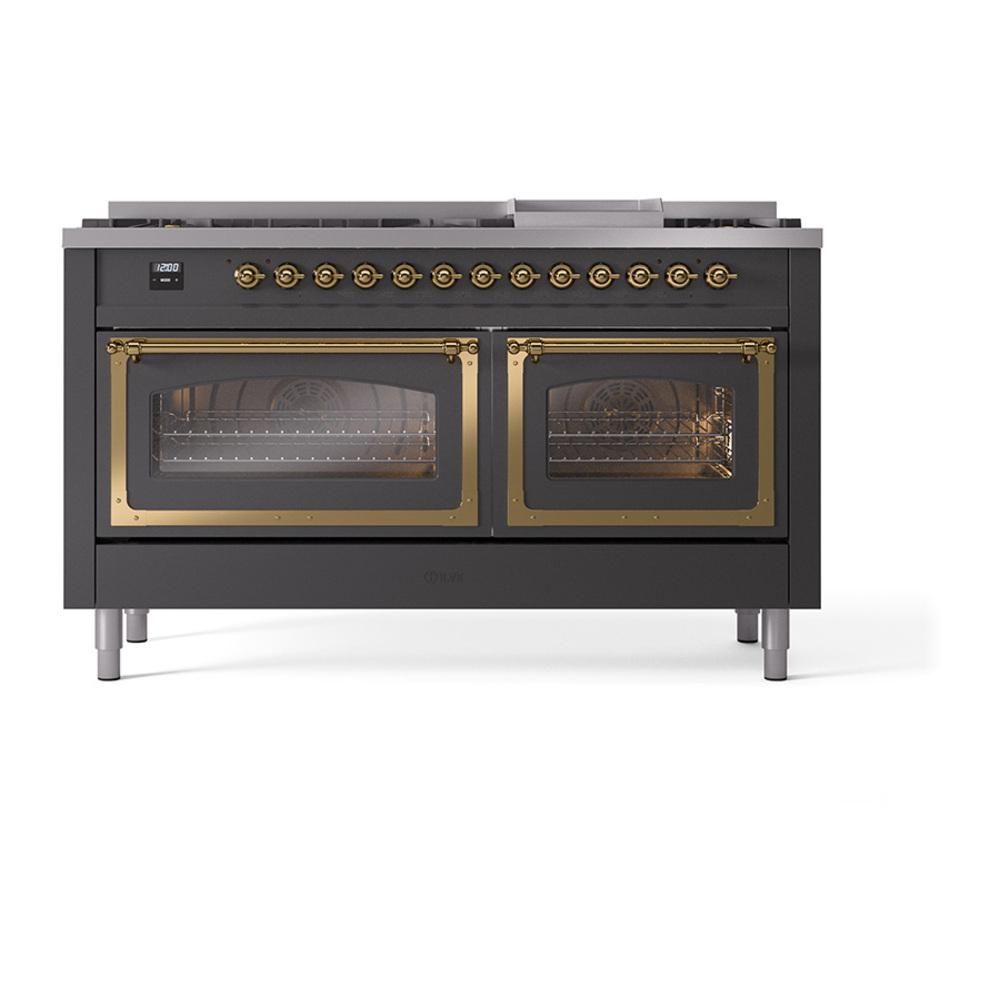 ILVE UN60FNMPMGG Nostalgie II Noblesse 60 inch Dual Fuel Range (9 Sealed Burners + Griddle, Natural Gas, Triple Glass Door, Graphite Matte, Brass)